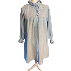 Vintage Gilligan O'Malley Blue Smocked Ruffle Button Front Robe Housecoat M L